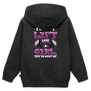 Ich Weiß, Dass Ich Wie Ein Mädchen Hebe - Kinder Premium Organic Zip Hoodie - Schwarz - Hinten - AI Model Kid Male (0cm)