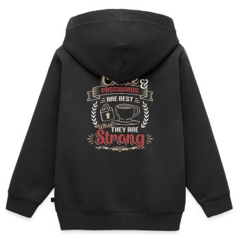 Café, mot de passe - Sweat Premium à capuche zippé enfant bio - noir - Dos - AI Model Kid Male (0cm)