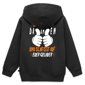 Wer hat zwei Daumen und Scheisst auf euer Gelaber - Kinder Premium Organic Zip Hoodie - Schwarz - Hinten - AI Model Kid Male (0cm)