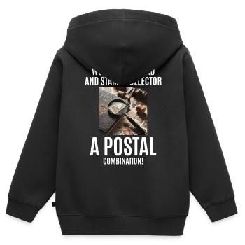 Collectionneur de timbres-poste vintage papa philatéliste - Sweat Premium à capuche zippé enfant bio - noir - Dos - AI Model Kid Male (0cm)