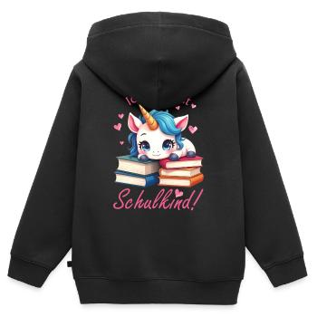 Süßes Einhorn mit Bücher - Ich bin jetzt Schulkind - Kinder Premium Organic Zip Hoodie - Schwarz - Hinten - AI Model Kid Male (0cm)