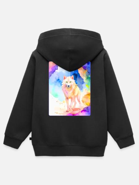 White wolf in front of colorful cave - Kids Premium Organic Zip-up Hoodie - black
