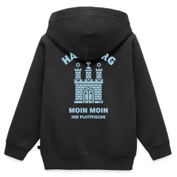 Hambourg – Moin Moin Ihr Plattfische Plattdeutsch S - Sweat Premium à capuche zippé enfant bio - noir - Dos - AI Model Kid Male (0cm)
