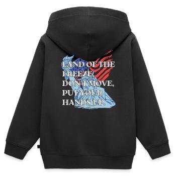 Funny Land Of The Freeze America Jeu de mots USA Cadeau amusant - Sweat Premium à capuche zippé enfant bio - noir - Dos - AI Model Kid Male (0cm)