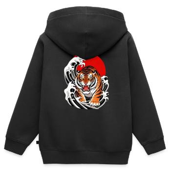 Tiger in roten Wellen - Kinder Premium Organic Zip Hoodie - Schwarz - Hinten - AI Model Kid Male (0cm)