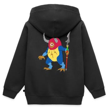 Monstre fantastique borgne avec des cornes et une lance - Sweat Premium à capuche zippé enfant bio - noir - Dos - AI Model Kid Male (0cm)