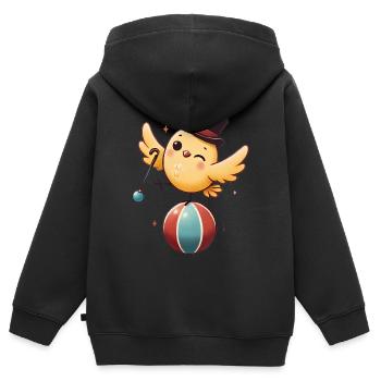 Skurriler Vogel, der auf einem Ball balanciert - Kinder Premium Organic Zip Hoodie - Schwarz - Hinten - AI Model Kid Male (0cm)