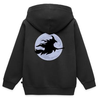 Fliegende Hexe auf Besen vor Vollmond Silhouette - Kinder Premium Organic Zip Hoodie - Schwarz - Hinten - AI Model Kid Male (0cm)