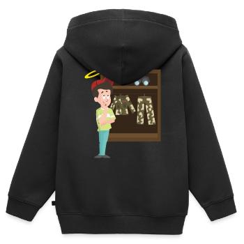 Unschuldiger Sondler mit Tarnklamotten im Schrank - Kinder Premium Organic Zip Hoodie - Schwarz - Hinten - AI Model Kid Male (0cm)