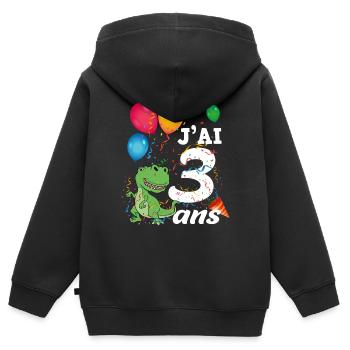 Cadeau 3 Ans Anniversaire Garçon Fille Dinosaure - Sweat Premium à capuche zippé enfant bio - noir - Dos - AI Model Kid Male (0cm)