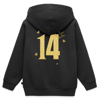 Goldene Krone zum 14-jährigen Jubiläum - Kinder Premium Organic Zip Hoodie - Schwarz - Hinten - AI Model Kid Male (0cm)