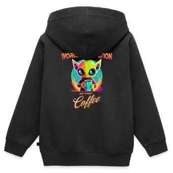 Weltherrschaft, aber erster Kaffee, lustiger Außerirdischer - Kinder Premium Organic Zip Hoodie - Schwarz - Hinten - AI Model Kid Male (0cm)