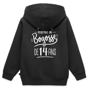 anniversaire 14 ans bogosse cadeau humour 14 ans - Sweat Premium à capuche zippé enfant bio - noir - Dos - AI Model Kid Male (0cm)