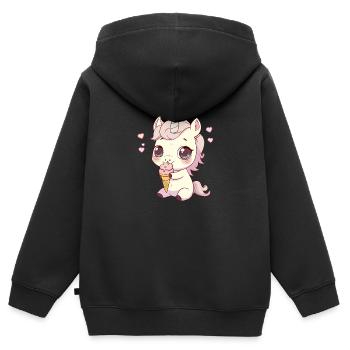Einhorn isst Eiscreme, gieriges Einhorn - Kinder Premium Organic Zip Hoodie - Schwarz - Hinten - AI Model Kid Male (0cm)
