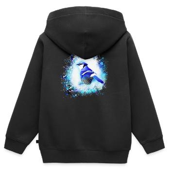 blue jay, oiseau, bleu, graffiti ,aquarelle ,perruque - Sweat Premium à capuche zippé enfant bio - noir - Dos - AI Model Kid Male (0cm)