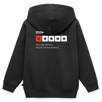 2024, Sehr schlechte Lieferung... Sarkastische Ein-Stern-Rezension - Kinder Premium Organic Zip Hoodie - Schwarz - Hinten - AI Model Kid Male (0cm)