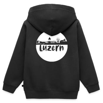 luzern,skyline, rond, coup de cisaille, blanc - Sweat Premium à capuche zippé enfant bio - noir - Dos - AI Model Kid Male (0cm)