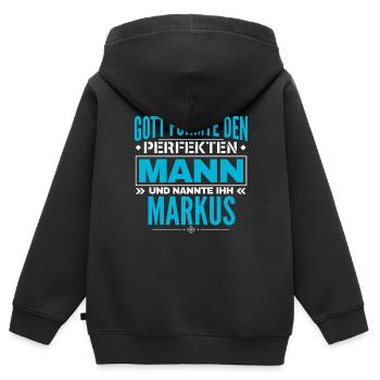 Markus Name Design - Kinder Premium Organic Zip Hoodie - Schwarz - Hinten - AI Model Kid Male (0cm)