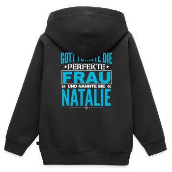 Conception du nom de Natalie - Sweat Premium à capuche zippé enfant bio - noir - Dos - AI Model Kid Male (0cm)
