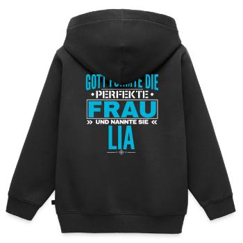 Conception du nom Lia - Sweat Premium à capuche zippé enfant bio - noir - Dos - AI Model Kid Male (0cm)