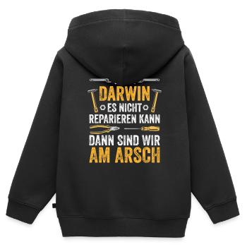Lustiges Darwin Handwerker Heimwerker Sprüche - Kinder Premium Organic Zip Hoodie - Schwarz - Hinten - AI Model Kid Male (0cm)