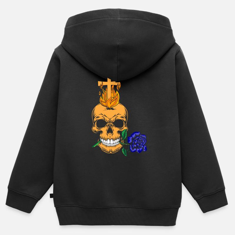 Esthétique gothique - Crâne avec rose bleue - Sweat Premium à capuche zippé enfant bio - noir