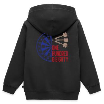 One hundred eighty Geschenk Darts Wurfspieß - Kinder Premium Organic Zip Hoodie - Schwarz - Hinten - AI Model Kid Male (0cm)