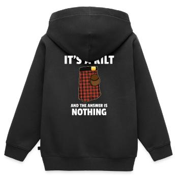 It's a kilt and the answer is nothing Schottland - Kinder Premium Organic Zip Hoodie - Schwarz - Hinten - AI Model Kid Male (0cm)