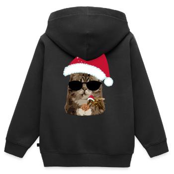 Chat de Noël cool avec biscuit d’abeille - Sweat Premium à capuche zippé enfant bio - noir - Dos - AI Model Kid Male (0cm)