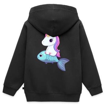 La licorne monte sur le poisson - Sweat Premium à capuche zippé enfant bio - noir - Dos - AI Model Kid Male (0cm)