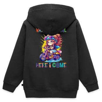 Attention à l’école - me voilà / Steampunk girl - Sweat Premium à capuche zippé enfant bio - noir - Dos - AI Model Kid Male (0cm)