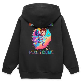 Attention à l’école - me voilà / Astronaute fille - Sweat Premium à capuche zippé enfant bio - noir - Dos - AI Model Kid Male (0cm)