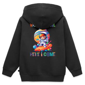 Attention à l’école - me voilà / Astronaute fille - Sweat Premium à capuche zippé enfant bio - noir - Dos - AI Model Kid Male (0cm)
