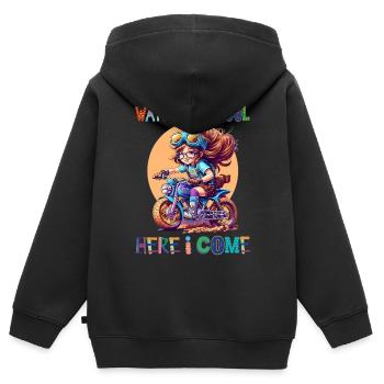 Attention à l’école - me voilà / Fille steampunk - Sweat Premium à capuche zippé enfant bio - noir - Dos - AI Model Kid Male (0cm)