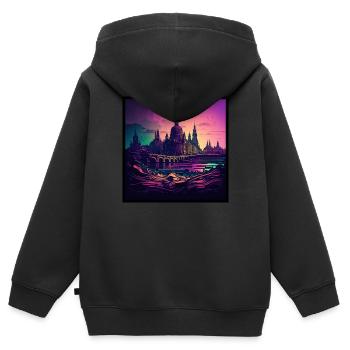Skyline von Dresden im Abendlicht Vaporwave Optik - Kinder Premium Organic Zip Hoodie - Schwarz - Hinten - AI Model Kid Male (0cm)