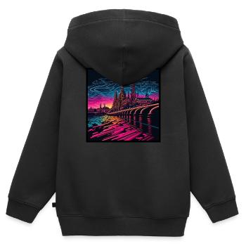 Skyline von Dresden im Abendlicht Vaporwave Optik - Kinder Premium Organic Zip Hoodie - Schwarz - Hinten - AI Model Kid Male (0cm)
