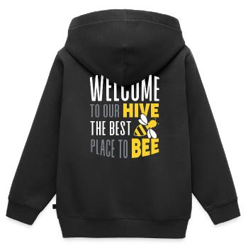 Welcome to our Hive Bee Geschenk - Kinder Premium Organic Zip Hoodie - Schwarz - Hinten - AI Model Kid Male (0cm)