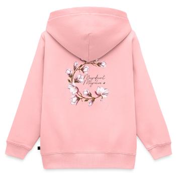 Magnolien cercle image avec inscription - Sweat Premium à capuche zippé enfant bio - rose - Dos - AI Model Kid Female (0cm)