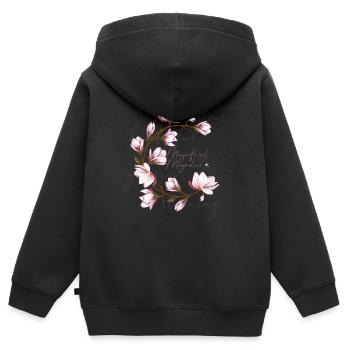 Magnolien cercle image avec inscription - Sweat Premium à capuche zippé enfant bio - noir - Dos - AI Model Kid Male (0cm)