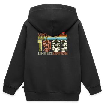 Juillet 1983 Anniversaire - Sweat Premium à capuche zippé enfant bio - noir - Dos - AI Model Kid Male (0cm)