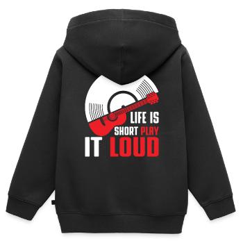 La vie est courte, jouez-la fort / guitare vinyle basse - Sweat Premium à capuche zippé enfant bio - noir - Dos - AI Model Kid Male (0cm)