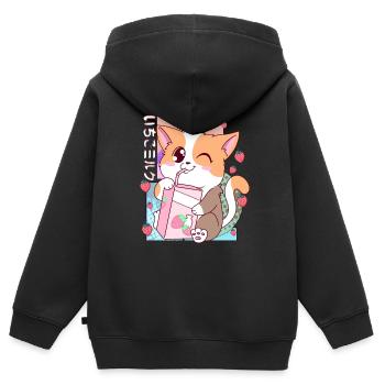 Süße japanische Kawaii Katze Erdbeermilch Shake Nek - Kinder Premium Organic Zip Hoodie - Schwarz - Hinten - AI Model Kid Male (0cm)