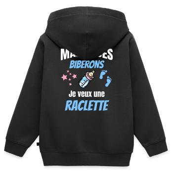 marre des biberons, je veux une raclette. Bébé - Sweat Premium à capuche zippé enfant bio - noir - Dos - AI Model Kid Male (0cm)