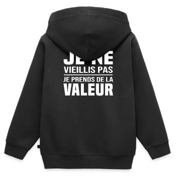 Je ne vieillis pas, je prends de la valeur - Sweat Premium à capuche zippé enfant bio - noir - Dos - AI Model Kid Male (0cm)