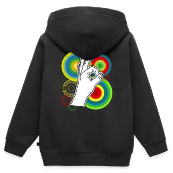 Regardé dans Rétro drôle Regardé dans - Sweat Premium à capuche zippé enfant bio - noir - Dos - AI Model Kid Male (0cm)