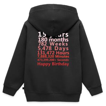 15 ans Anniversaire | Joyeux anniversaire Doux 15ème |5ème - Sweat Premium à capuche zippé enfant bio - noir - Dos - AI Model Kid Male (0cm)