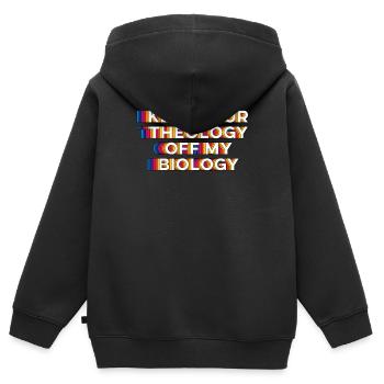 Halte deine Theologie von meiner Biologie fern - Kinder Premium Organic Zip Hoodie - Schwarz - Hinten - AI Model Kid Male (0cm)