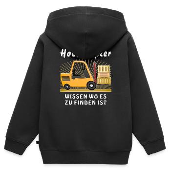 HOCHSTAPLER WISSEN WO ES ZU FINDEN IST - Kinder Premium Organic Zip Hoodie - Schwarz - Hinten - AI Model Kid Male (0cm)