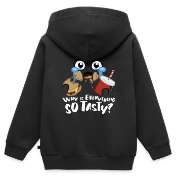 Visage et slogan Design pourquoi tout est-il si savoureux - Sweat Premium à capuche zippé enfant bio - noir - Dos - AI Model Kid Male (0cm)