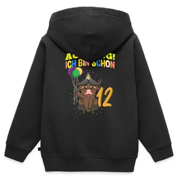 Achtung Ich Bin Schon 12 Geburtstag Büffel Bison - Kinder Premium Organic Zip Hoodie - Schwarz - Hinten - AI Model Kid Male (0cm)